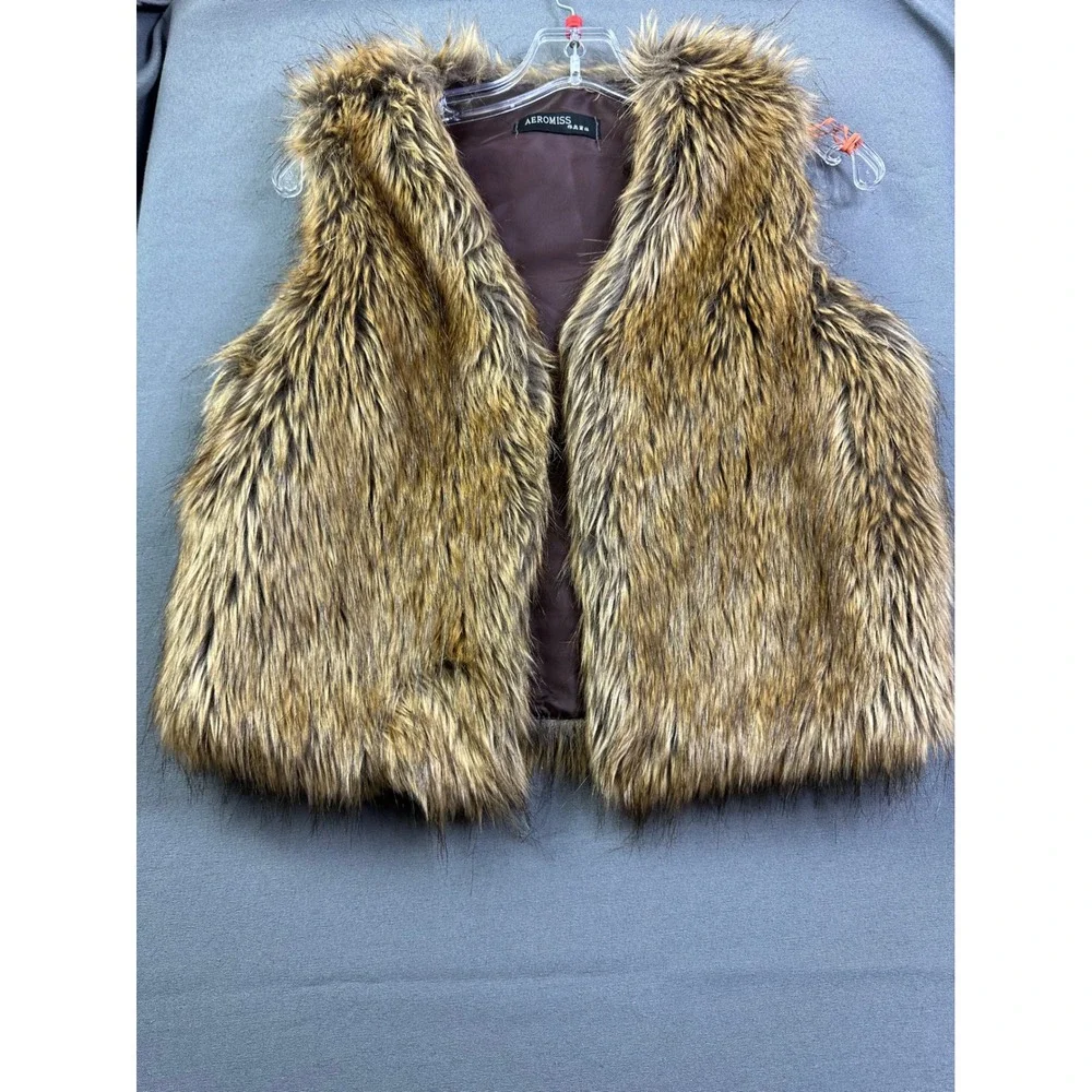 Aeromiss Brown Faux Fur Vest Open Front Sleeveless Jacket Women's Large L